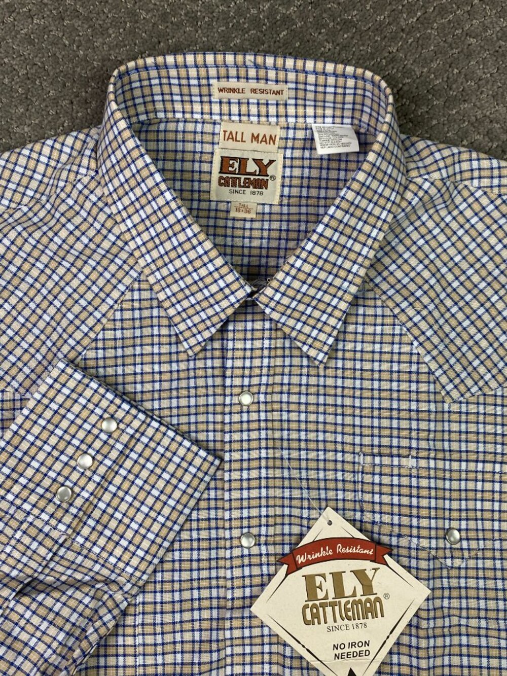 Ely Cattleman Tall Man Western Pearl Snap Mens 18 36 TALL Tan Blue White Check
